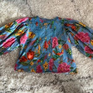 Farm Rio Blue Toucans Lace Inset Balloon Long Sleeve Blouse Size L